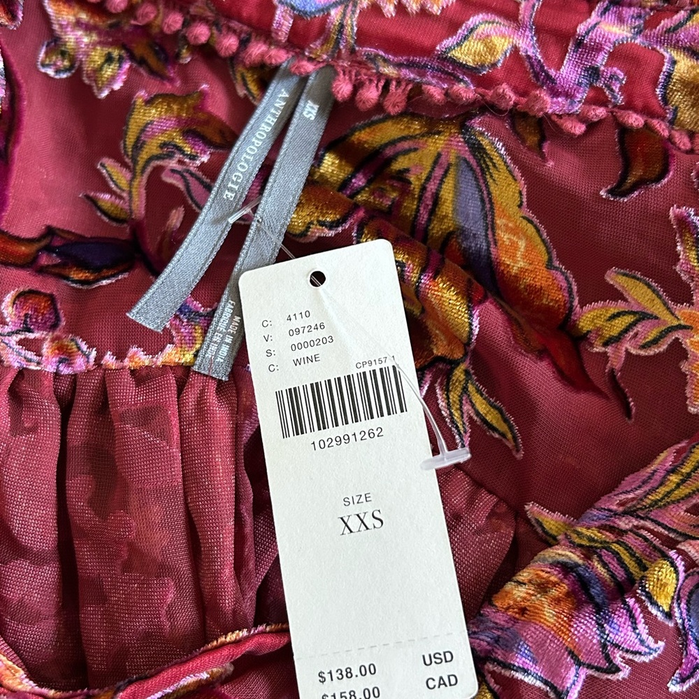 NWT Anthropologie The Estela Burnout Sheer Floral Printed Blouse in Maroon - Picture 9 of 14